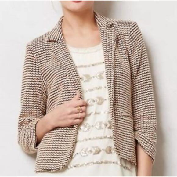 CARTONNIER x ANTHROPOLOGIE | Tasmin Blazer Stretxh Tweed Black Tan | Size Large - Picture 1 of 9